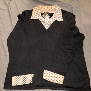 Notations Black V-Neck Sweater with White Polka Dot Accents